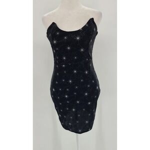 Celestial Black Velvet Mini Dress Medium Sleeveless Silver Star Print Bodycon‎